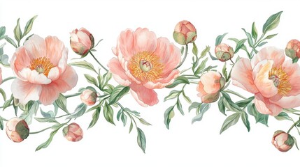 Soft pink peonies with delicate buds and green leaves create a harmonious floral pattern, perfect for enhancing home decor or event settings in spring
