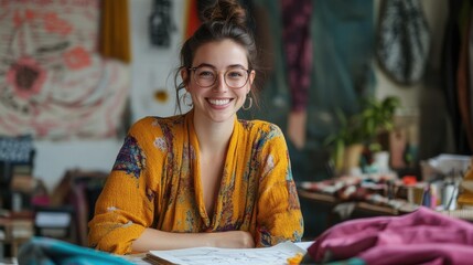 Obraz premium A vibrant portrait of a young female fashion designer enjoying her creative workspace, showcasing her passion and talent in fashion design.