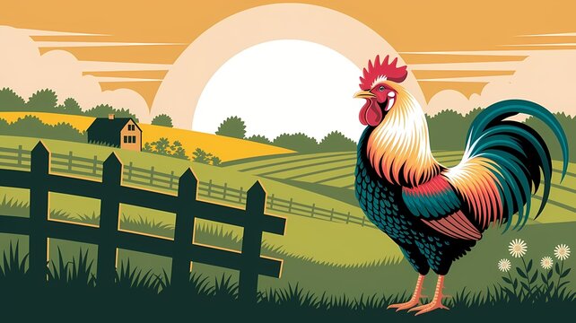 A colorful rooster standing proud on a sunny day in a rural scene. The rooster has beautiful feathers and is set against a backdrop of a farm field, a barn, and a fence.