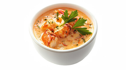 a white bowl of soup with shrimp, chicken, cream and parsley on a transparent background, PNG image, PNG file, Generative art.
