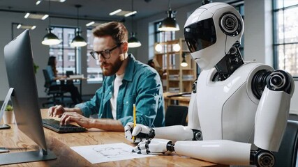 A bearded young man in glasses and denim shirt works at computer while white humanoid robot draws diagrams with pencil on paper. Both sit at wooden desk in open office - Powered by Adobe