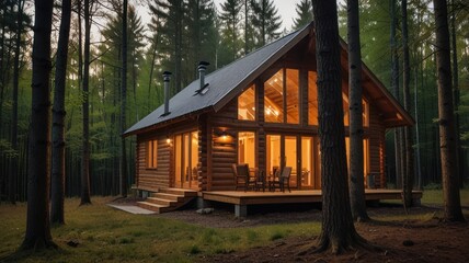 Illuminated log cabin in forest at dusk; cozy interior visible; potential use real estate, travel