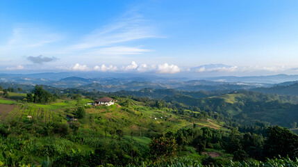 Naklejka premium Panoramic View Of Lush Green Hills And Valley