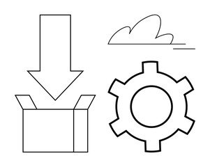 Open box and downward arrow, cloud, gear symbolizing download, cloud storage, settings. Ideal for tech interfaces, data management, storage, project workflow software development automation simple