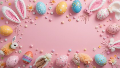 Easter eggs and bunny decorations on pink background