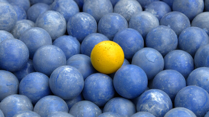 A vibrant yellow ball stands out among a sea of blue balls, symbolizing individuality and uniqueness.