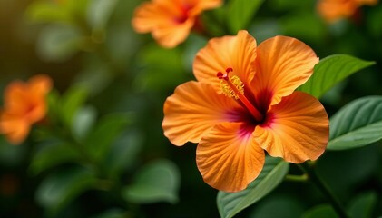 Fototapeta premium Close-up of bright orange hibiscus flowers with green leaves, vibrant colors, beauty
