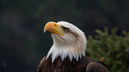 Fototapeta premium Bald eagle head profile, forest background, wildlife photography, nature