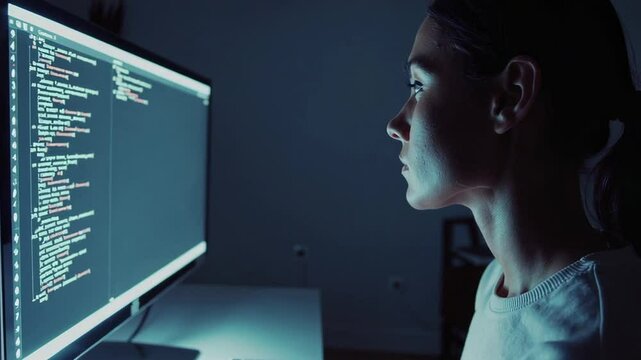 Young female software engineer concentrating on complex code displayed on her computer screen in a dimly lit room, demonstrating the dedication and focus required in software development