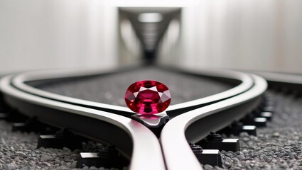 Radiant Ruby Resting On Converging Rails Gleaming Precious Gem Dazzling Red Jewel Stunning Visual Masterpiece