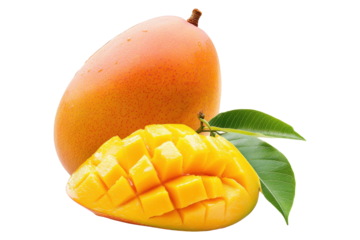 Ripe mango with sliced cubes and green leaf, isolated on transparent background