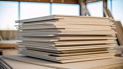 Fototapeta premium Neatly stacked wood panels in a workshop, showcasing the texture and quality of the material. Ready for construction or furniture making. Industrial setting.