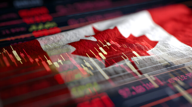 An artistic blend of a Canadian flag with financial graphs, symbolizing Canada’s economy and stock market trends. - Powered by Adobe