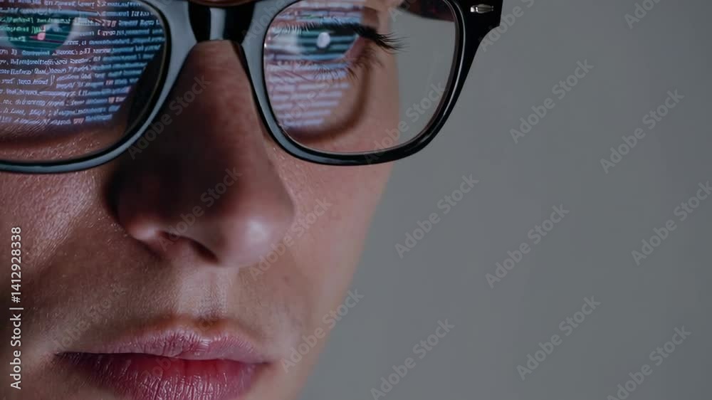 Aufkleber Close up of a programmer's face wearing glasses reflecting lines of code, suggesting concentration and problem solving in software development against a neutral background