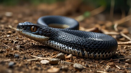 Black snake on forest ground, alert, nature