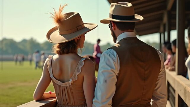 Elegant couple in vintage attire watching a polo match from the stands on a sunny day, enjoying a classic equestrian sporting event with stylish charm and sophistication, 4K. Motion