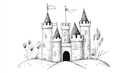 Obraz premium Whimsical black and white illustration of a fairytale castle, complete with towers, flags, and surrounding foliage.