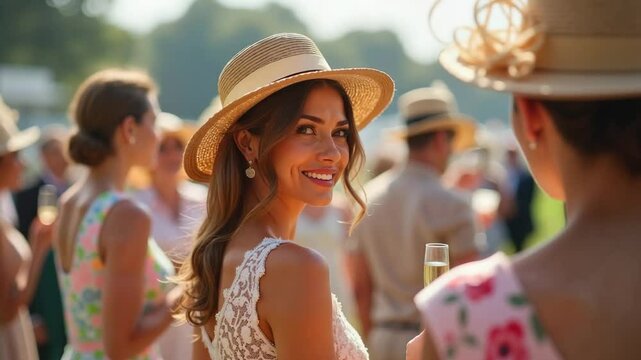 Smiling woman in elegant lace dress and straw hat enjoying outdoor summer horse race with friends in vintage fashion, festive atmosphere under sunny sky. 4k, motion