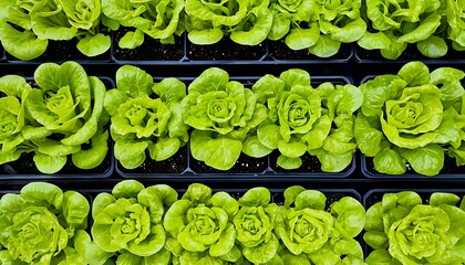 Obraz premium a symmetrical overhead view of rows of young, vibrant green romaine lettuce growing in a hydroponic system.