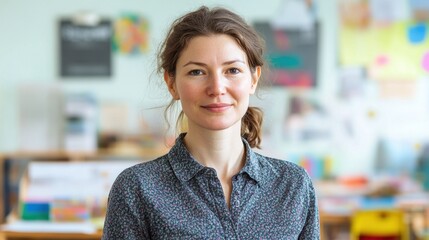 Fototapeta premium A portrait of a young European woman in a classroom setting. She exudes warmth and professionalism, making her an inspiring presence for students.