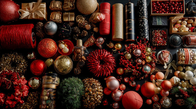 An assortment of best-selling holiday decorations, including shimmering ornaments, vibrant wreaths, colorful gift wrapping materials, and festive accents,  