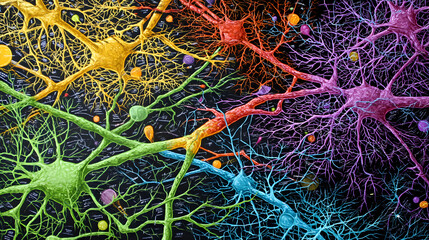 Colorful illustration of interconnected neurons showcasing their complex structure and vibrant communication pathways.