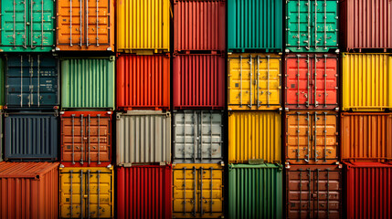 Fototapeta premium A vibrant array of stacked shipping containers in various colors creating a striking industrial backdrop.