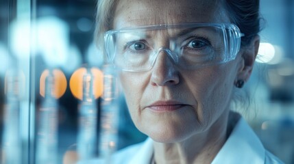 A focused senior female scientist stands in a laboratory, wearing protective glasses. Her serious expression reflects years of dedication to research and innovation in the field.