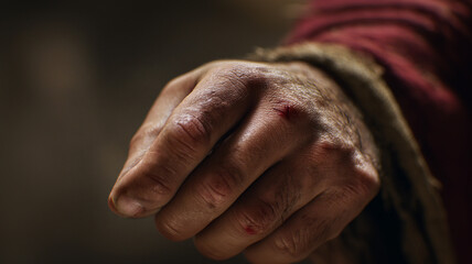 Fototapeta premium Jesus Christ raises his hand with the marks of the crucifixion. The sufferings of Christ.