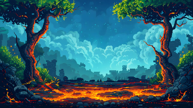 Pixel Art Landscape with Flowing Lava Between Two Large Trees Under a Cloudy Night Sky in a Forest Setting