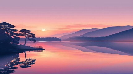 A serene lakeside view showcases a vibrant sunset casting warm hues over the landscape. Silhouetted trees line the shore, and mountains rise gently in the background