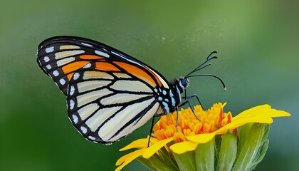 Obraz premium a striking queen butterfly rests delicately on a vibrant yellow and orange zinnia flower against a soft green backdrop.
