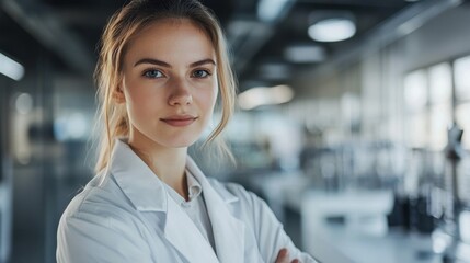Portrait of a young European woman in a lab coat, exuding confidence in a modern laboratory environment. She embodies professionalism and curiosity in science.
