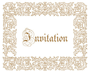 Decorative hand drawn invitation card, golden frame floral frame in vintage style, lettering, vector illustration isolated on white background