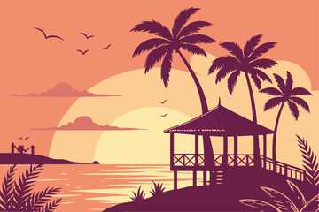 32 Tropical sunset, beach bar silhouette, palm trees, ocean view, vibrant orange and purple sky, full sun on horizon, reflective water, thatched roof huts, balcony railing, vector art style, minimalis
