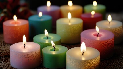 Colorful candles burning brightly on a table, peaceful background, ideal for relaxation themes