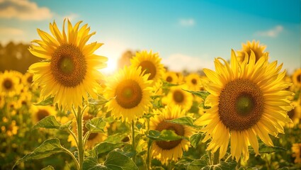 Obraz premium Vibrant sunflowers in a field each turned towards the sun showcasing intricate patterns of petals and seeds against a bright blue sky