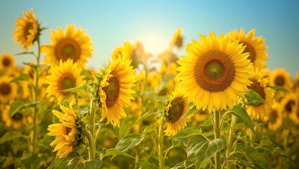 Fototapeta premium Vibrant sunflowers in a field each turned towards the sun showcasing intricate patterns of petals and seeds against a bright blue sky