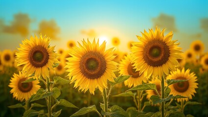 Obraz premium Vibrant sunflowers in a field each turned towards the sun showcasing intricate patterns of petals and seeds against a bright blue sky