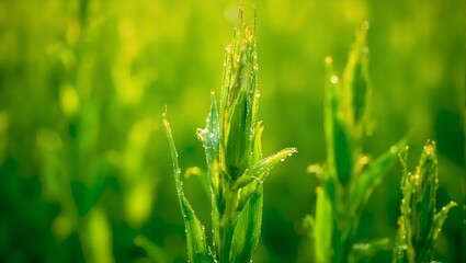 Obraz premium Lush green corn stalks with dew kissed leaves and ripe ears in morning light Agricultural beauty in a close up macro shot