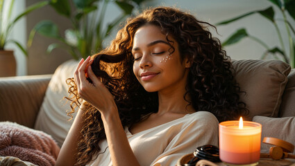 Serene Woman Relaxing At Home Touches Her Curly Hair In Golden Hour