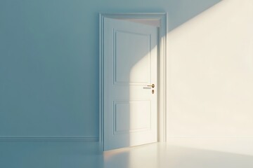 White Door Slightly Ajar Casting Sunlight in Room, Blue Wall, Architecture, Interior