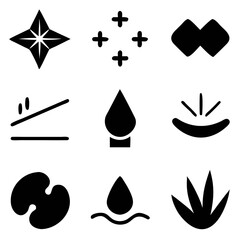 A collection of elegant, minimalist black icons depicting nature, light, and simple geometric shapes, showcasing a bold and modern aesthetic.