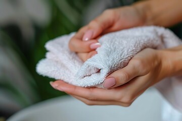 Woman washes her hands with a blue towel in the bathroom.