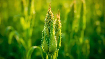 Fresh green corn stalks in morning dew Ears filled with ripe kernels glisten in the soft light Perfect for agricultural concepts