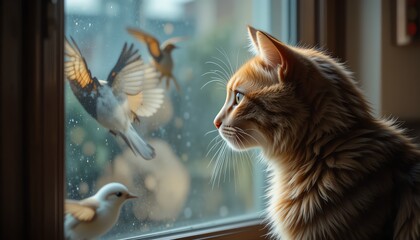 Ginger Cat Watching Birds Through Window