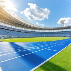 Bright and Spacious Modern Athletics Stadium with Track and Field Area Under Clear Blue Sky and Sunlight