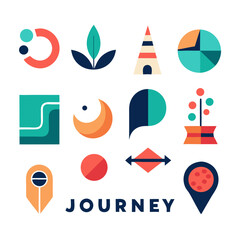 A vibrant collection of abstract symbols representing a journey of growth, exploration, and progress with bold colors and minimalist shapes.