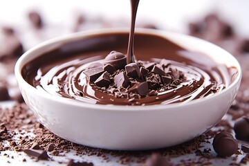 Delicious Melted Chocolate Fudge Flowing Into A Bowl With Chocolate Chunks