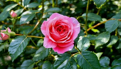 Fototapeta premium a fully bloomed pink rose with delicate petals is prominently displayed amidst lush green foliage.
